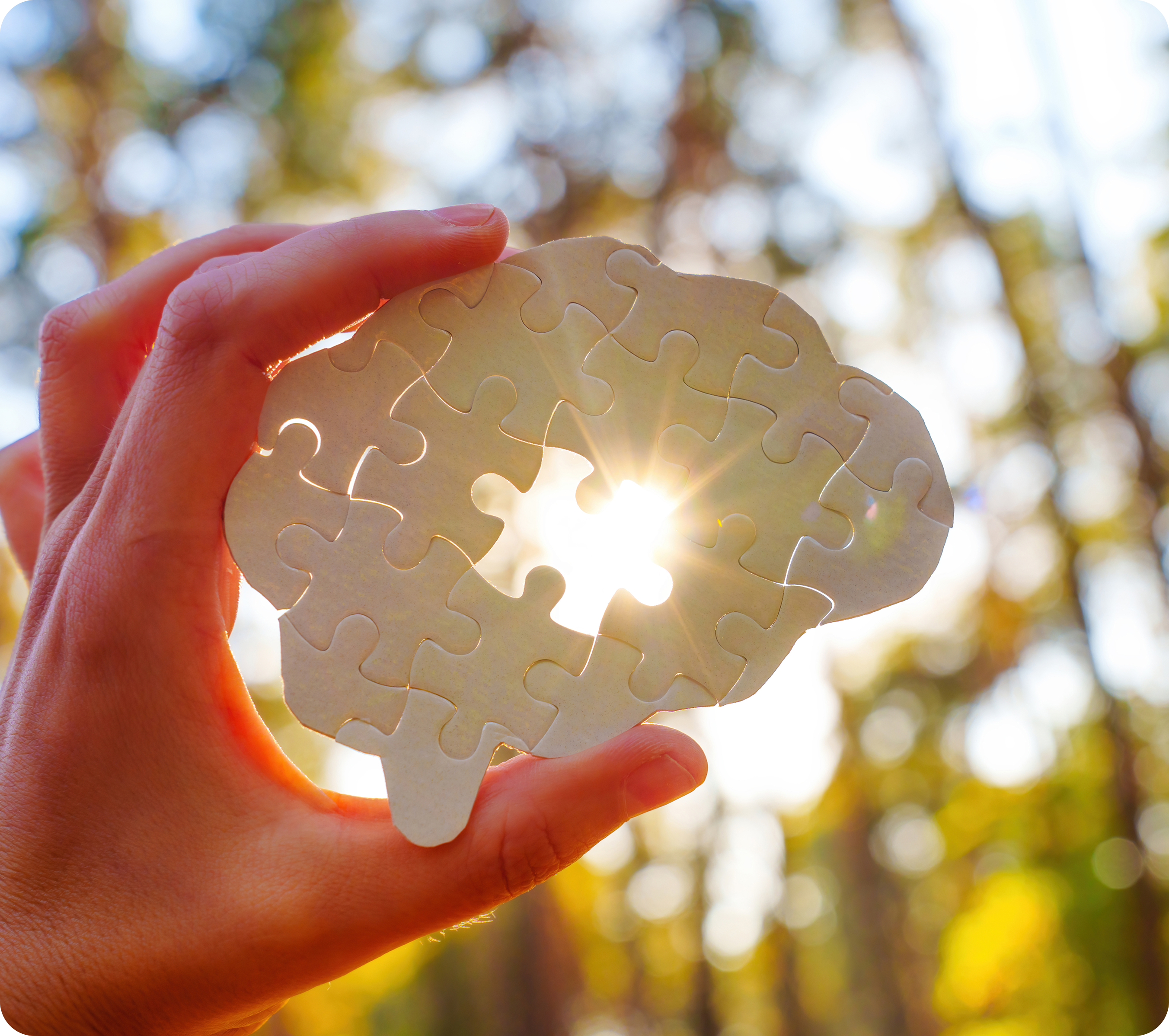 Hand holding a brain-shaped puzzle with sunlight through the center, symbolizing mental clarity