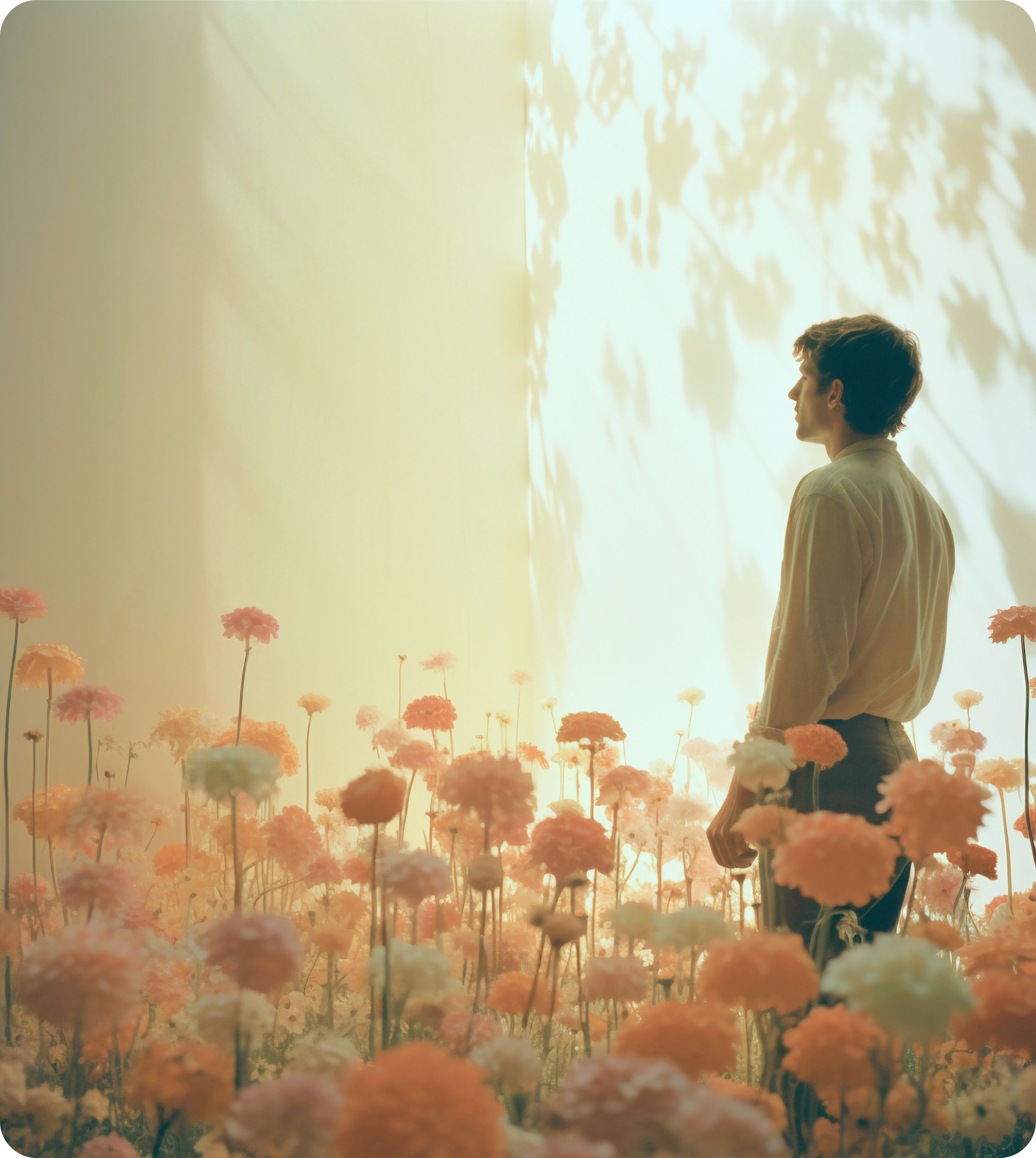 Warm, contemplative portrait among flowers—evoking calm, growth, and inner balance.