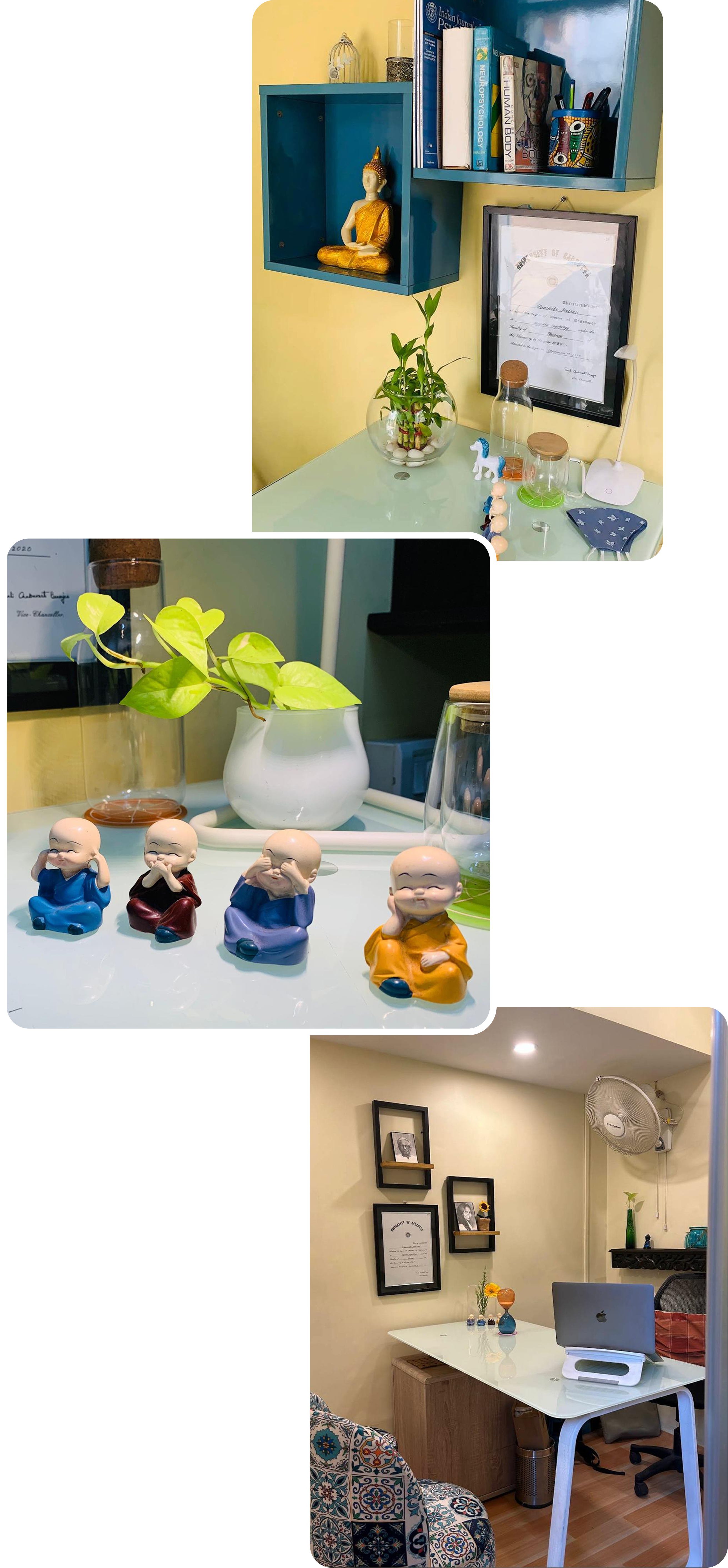 Consultation room: shelves with psychology books, desk with laptop, and calming decor.