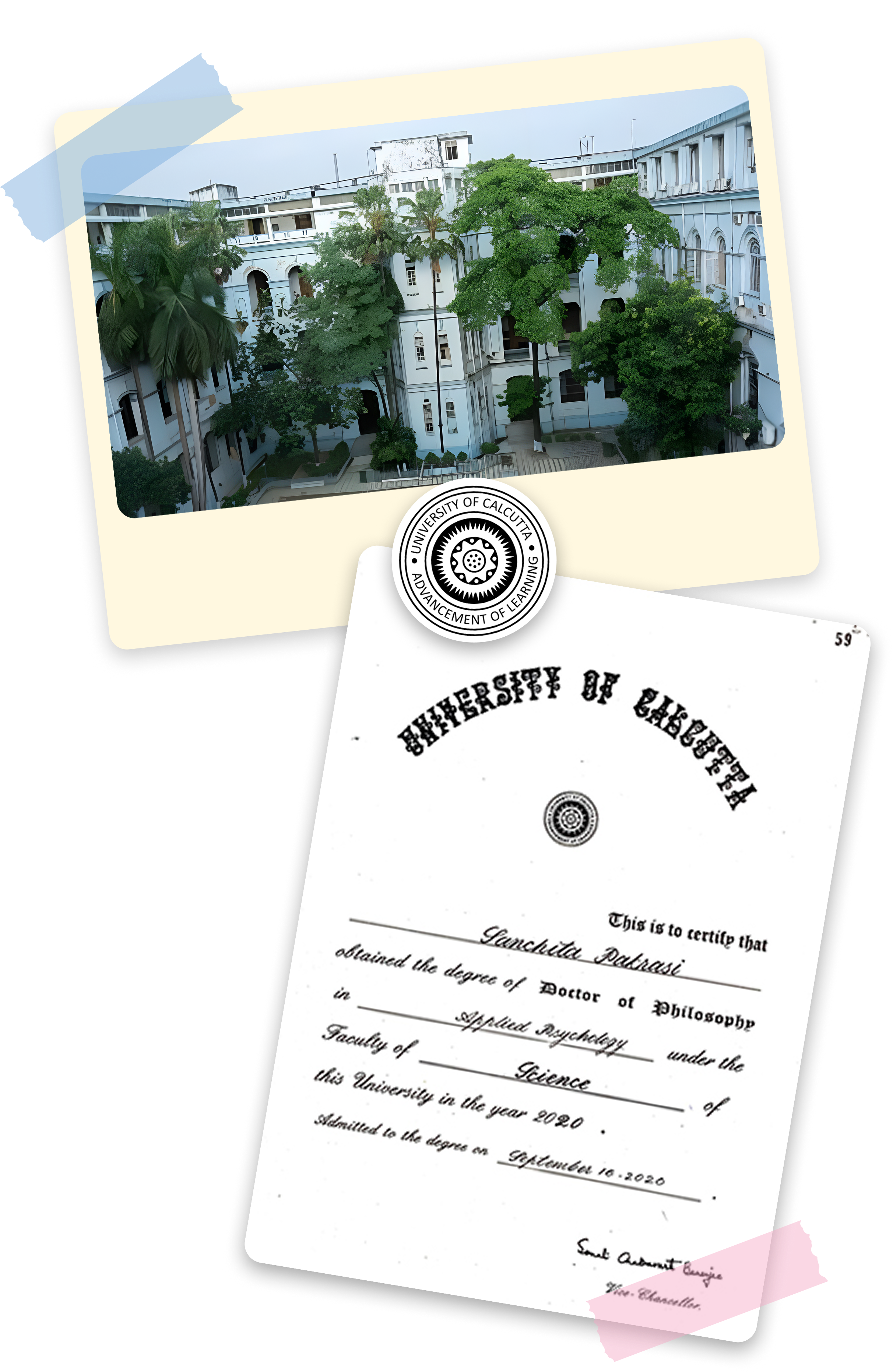 University of Calcutta: campus photograph, seal, and Doctor of Philosophy certificate in applied psychology (collage).