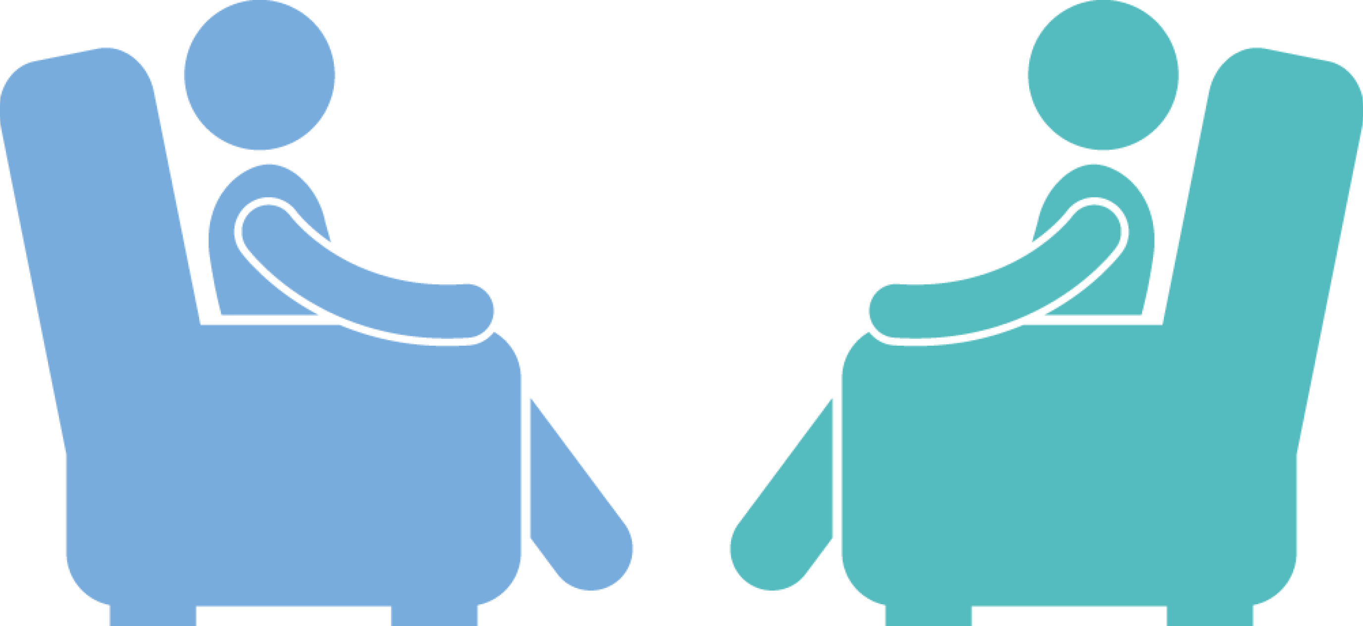 Illustration of two people seated in armchairs, facing each other as in a therapeutic conversation.