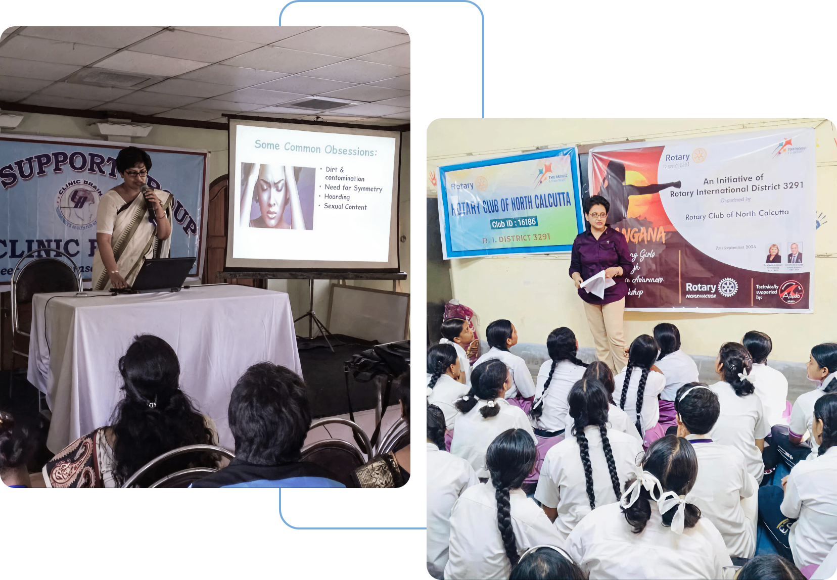 Therapeutic workshop settings: a seminar presentation and a floor-seated group session with a facilitator.