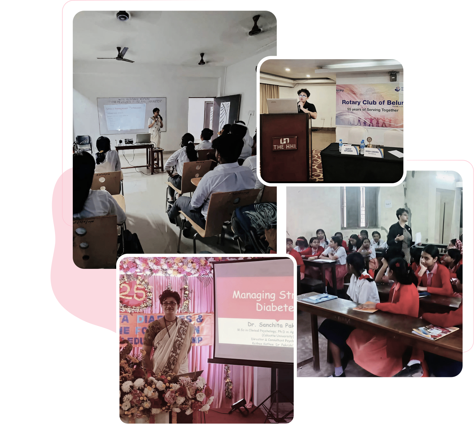 Awareness workshops and education: Dr. Pal speaking with students and audiences at events and presentations.